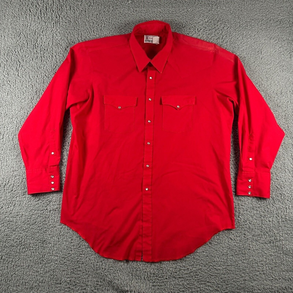 Vtg 70s H Bar C Rachwear Shirt Mens 18 34 Red Pearl Snap Made In USA Western‎